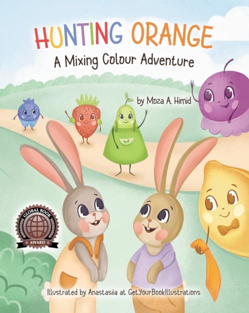 An example of a picture book that is 8 x 10. Hunting Orange: A Mixing Colour Adventure by Moza A. Himid. Illustrated and designed by GetYourBookIllustrations.