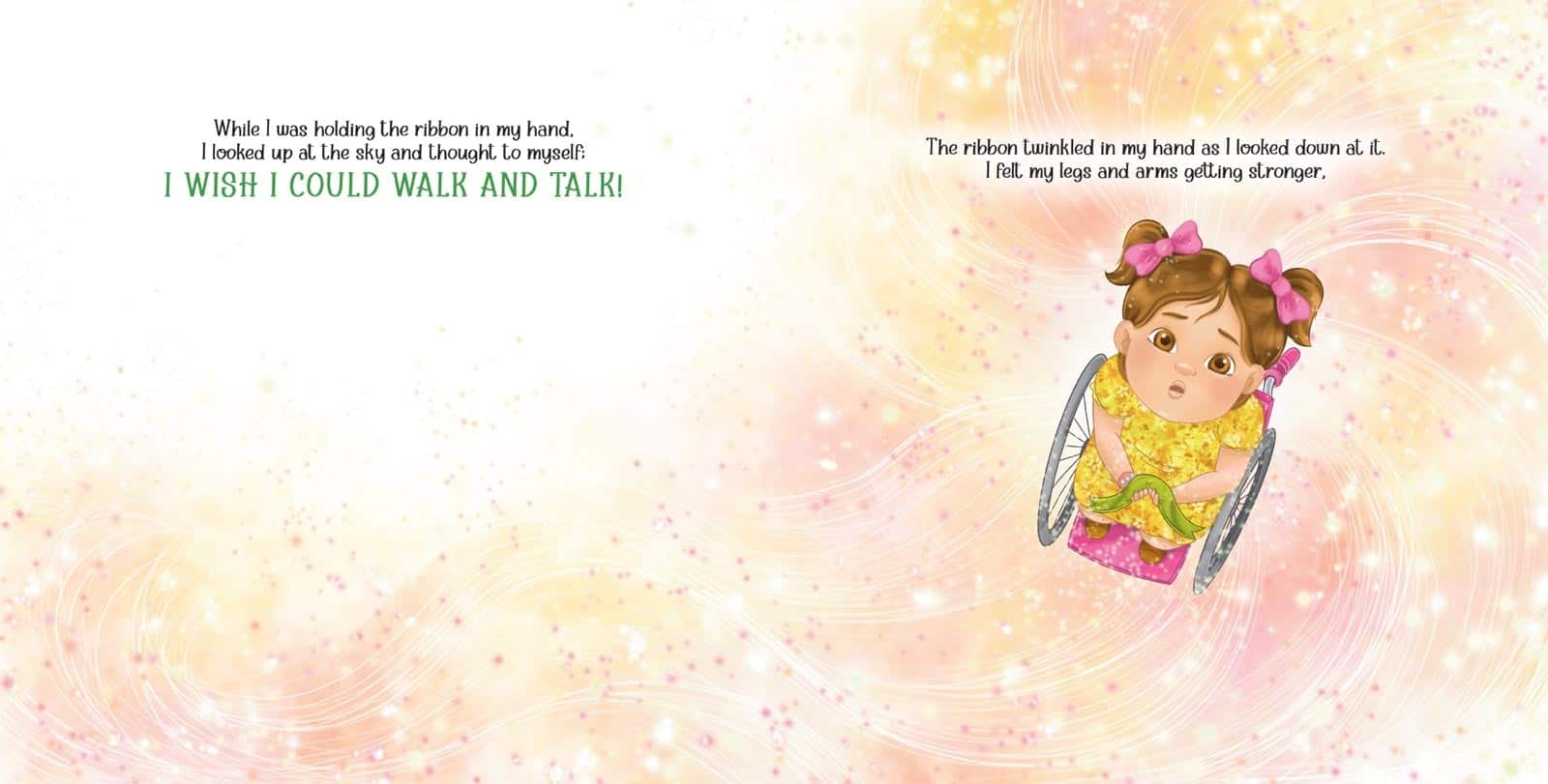 For The Magical Hair Bows, the designer included green throughout the text to match the green of the magical ribbon in the story. Illustrated and designed by GetYourBookIllustrations.