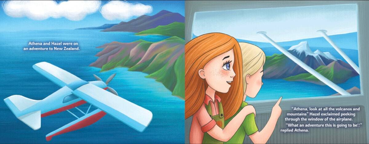 Interior spread of Sisters on Adventure: New Zealand by Shawn Kekovich