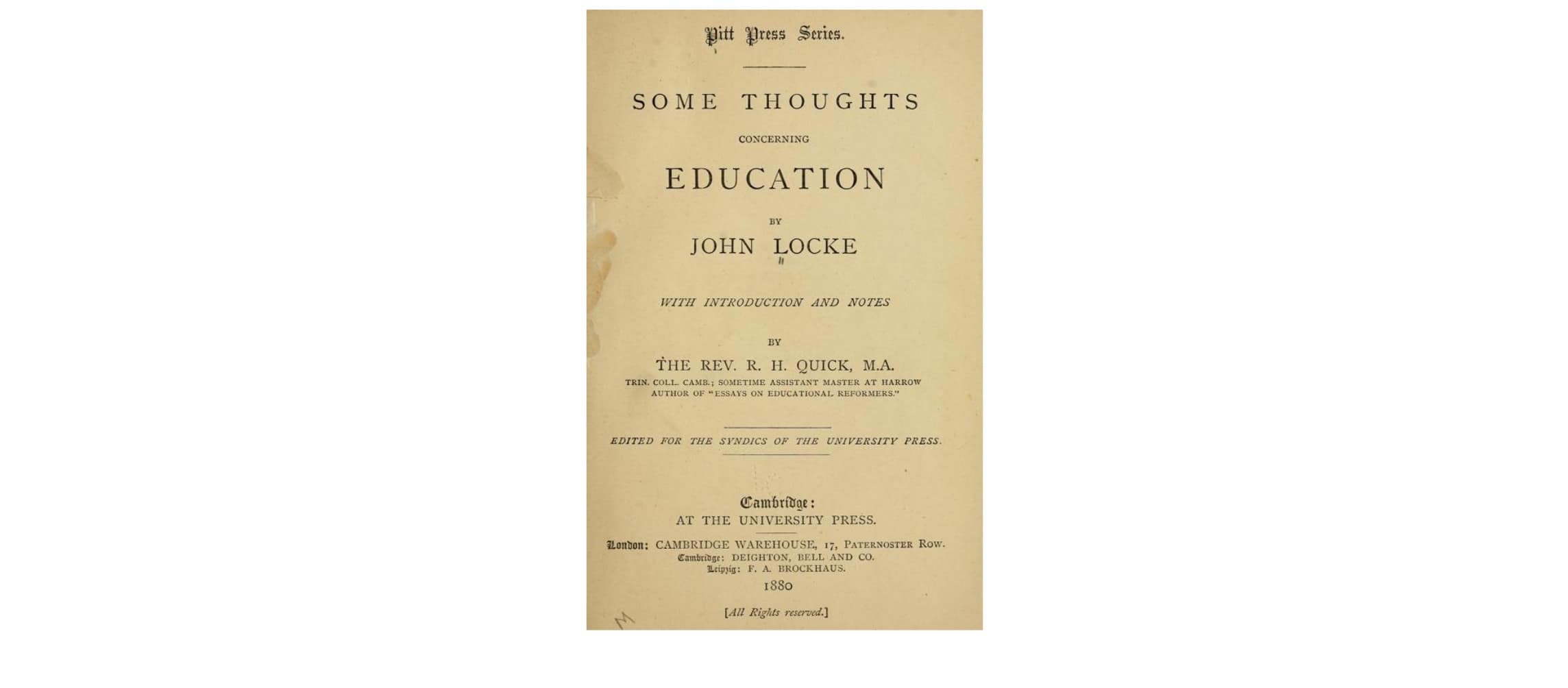 Title page of an 1880 printing edition of Some Thoughts Concerning Education